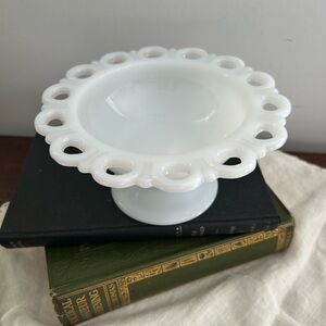 Vintage Anchor Hocking Old Colony Open Lace milk glass pedestal bowl Dish White